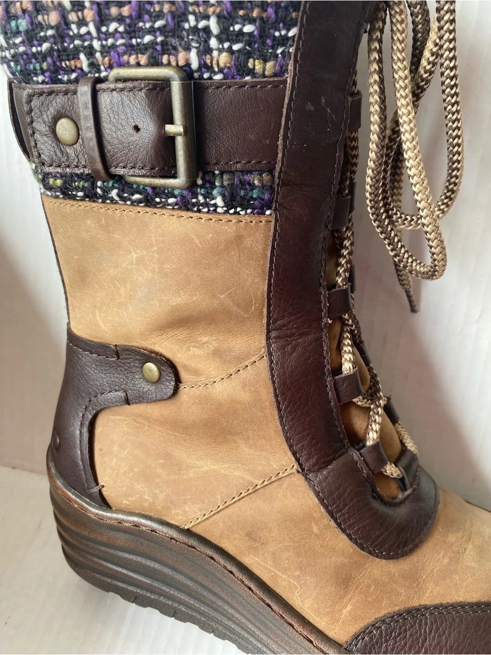 BIONICA Garland Brown Leather Purple Tweed Wedge Snow Boot 6.5 Gorpcore